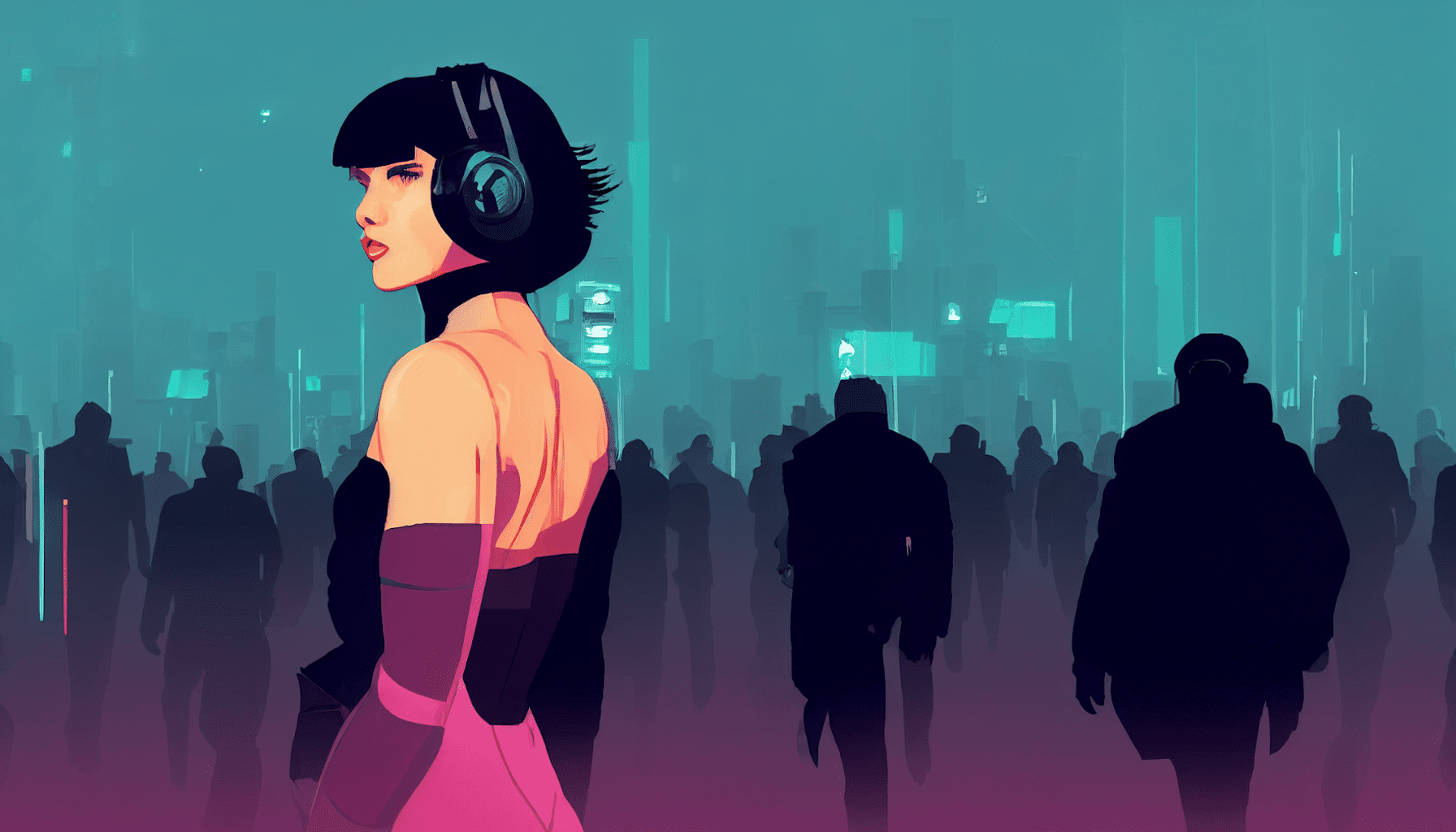 Woman in futuristic city representing the intersection of art and technology